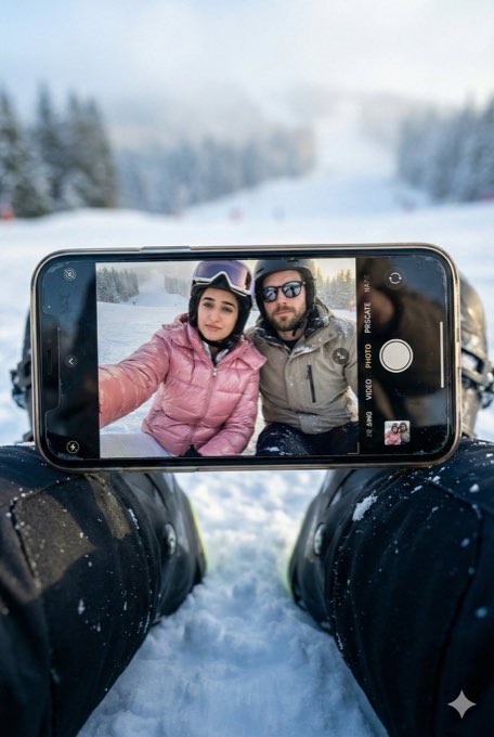 Create a hyper-realistic winter scene in a vertical 3:4 aspect ratio with cinema