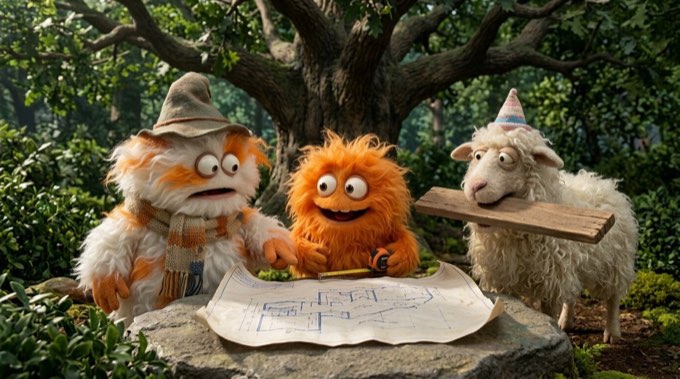 Create a funny 4-part story featuring 3 fluffy creatures building a treehouse. T
