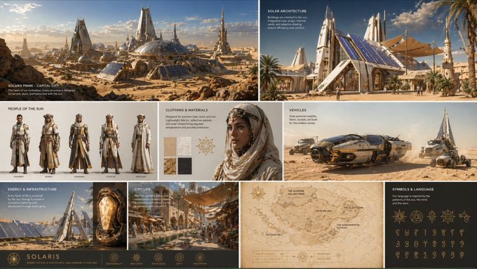 Create a complete visual worldbuilding set for a futuristic desert civilization 