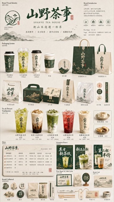 生成一张[餐饮品牌触点矩阵]系列视觉图，用于展示一个完整的餐饮品牌视觉系统与包装应用方案。

这是一个面向餐饮行业的品牌VI样机展示板 / 包装系统陈列图 / 