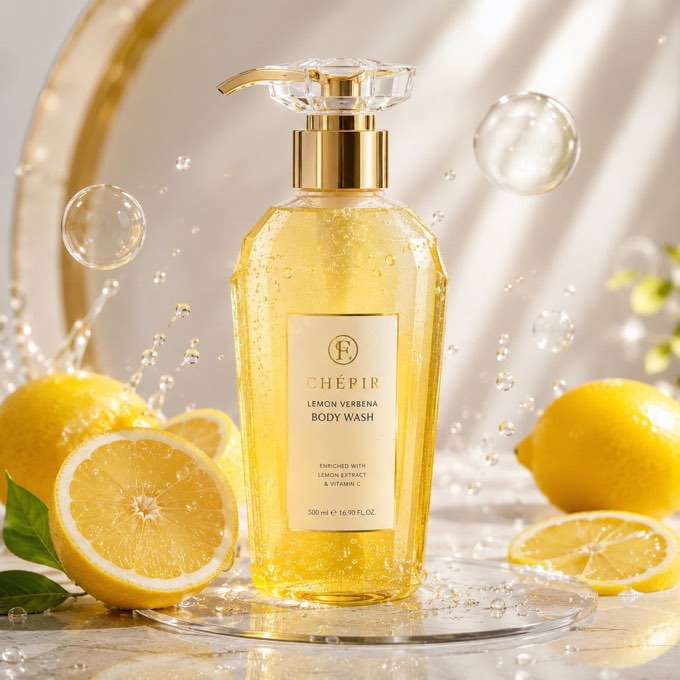 Elegant {argument name="bottle color" default="yellow"} skincare bottle with cry