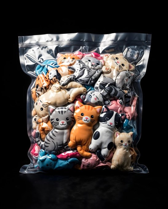 a rectangular shaped vacuum sealed transparent plastic bag, studio product shot,
