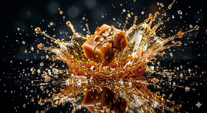 A premium {argument name="confectionery" default="golden toffee"} suspended in m