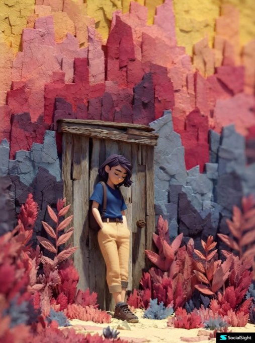 1.. A stylized 3D animated young woman leaning against a textured abstract wall 
