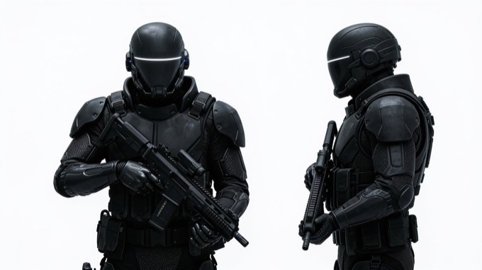 Character sheet, multiple angles of a sci-fi tactical soldier in full body {argu