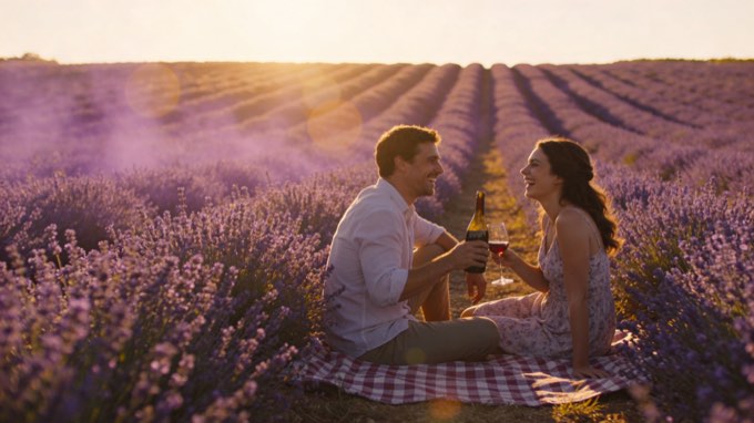 A romantic and dreamy photo of a couple having a picnic at sunset in a lavender 