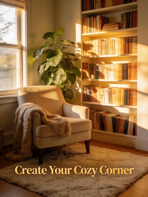 A photo of a beautifully decorated, light-filled reading nook in a home. The noo