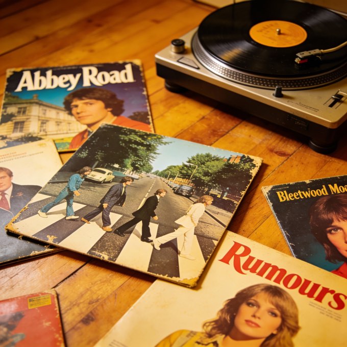 A photo of a collection of vintage vinyl records scattered on a wooden floor, wi