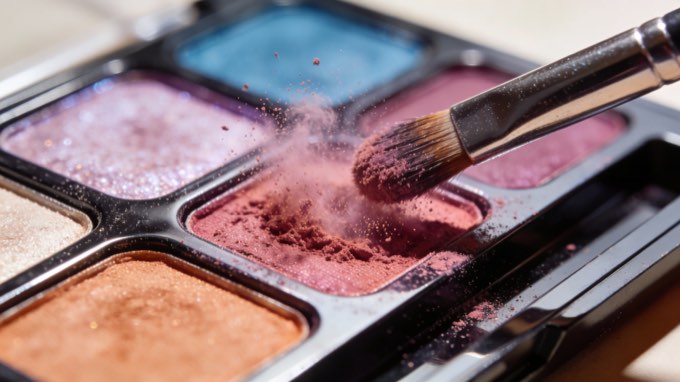 A macro, artistic shot of a new eyeshadow palette for a beauty blogger’s review.