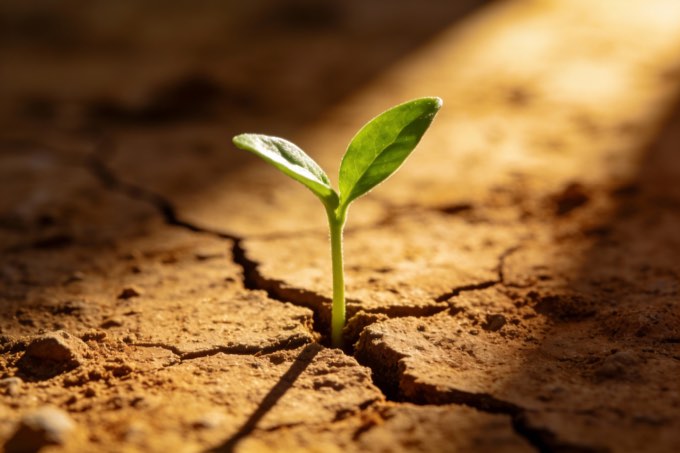 A powerful and thought-provoking image of a single, green sprout growing through