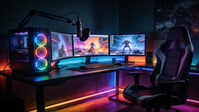 A photo of a high-end gaming setup, ready for a streaming session. The setup inc
