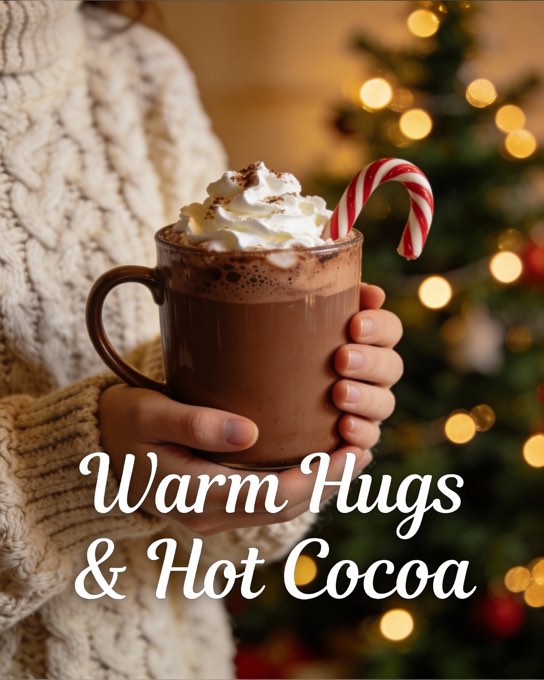 A cozy and festive photo for a Christmas-themed Instagram post. The scene is a c