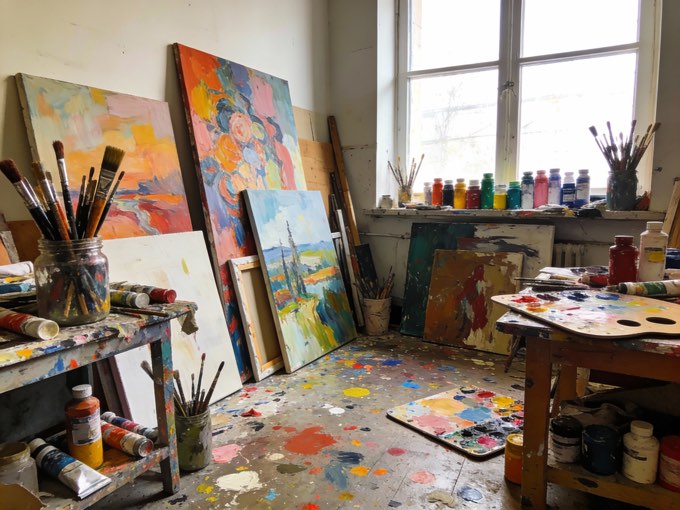 A photo of an artist’s messy but inspiring studio. Canvases are leaning against 