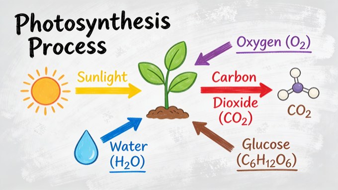 A detailed, hand-drawn whiteboard explanation of the process of photosynthesis, 