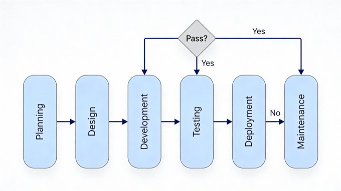 A clean and professional flowchart illustrating the software development life cy