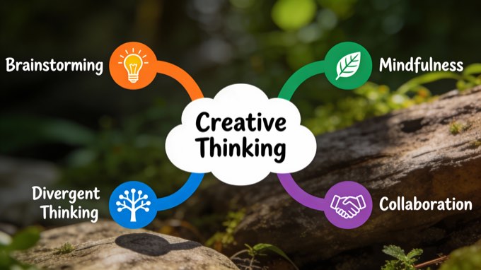 A vibrant and organic mind map centered around the topic of “Creative Thinking.”