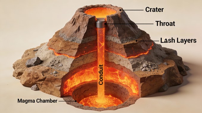 A 3D cutaway diagram of a volcano, showing its internal structure. The diagram s