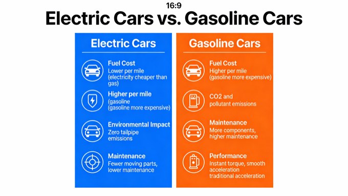 A visual comparison chart (a “vs.” infographic) comparing electric cars and gaso