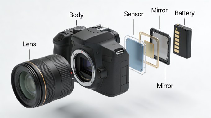 An exploded view technical illustration of a DSLR camera. Each component of the 
