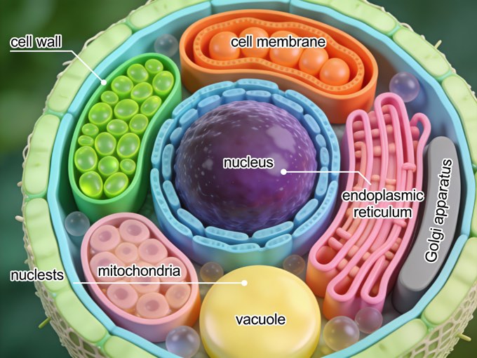 A detailed, scientific illustration of a plant cell, in the style of a modern bi