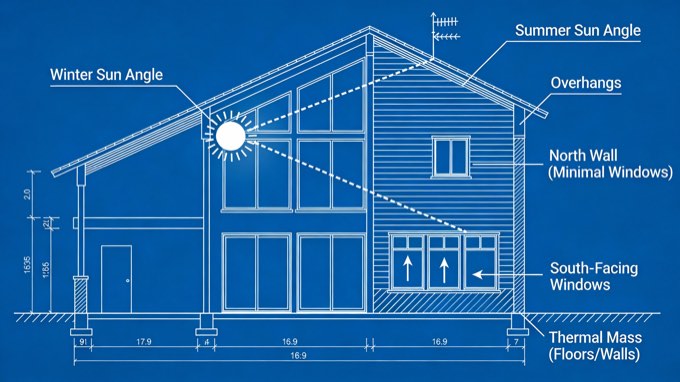 A section of a blueprint-style drawing explaining the concept of passive solar d